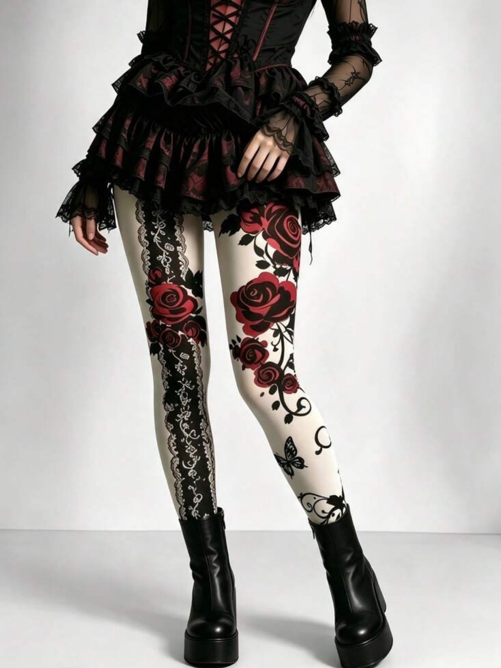 Women’s Gothic Rose Printed Leggings - Black & Cream